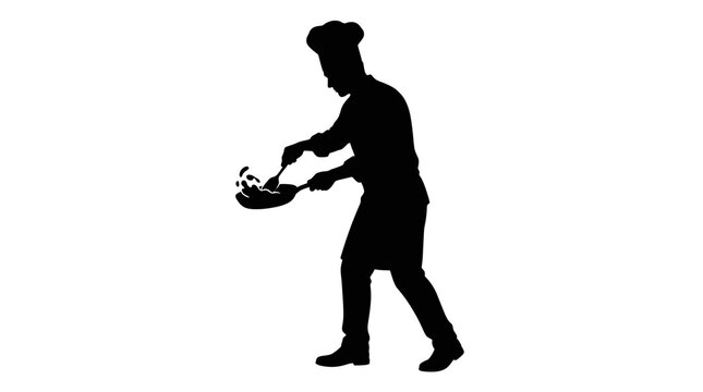Silhouette of a chef in uniform skillfully tossing food in a wok with a spatula