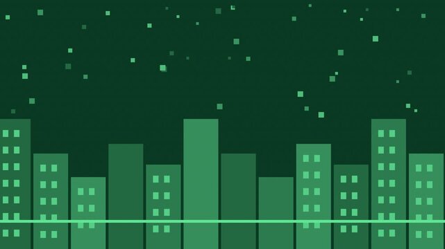 Seamless retro pixel city night parallax animation in green for looping game background