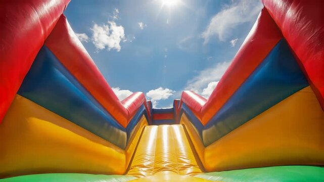 Child Slides Down Inflatable Obstacle Course under Bright Sunny Sky Vibrant Colors Playful Outdoor Fun