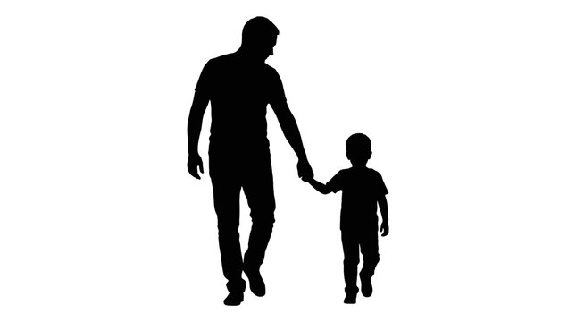 Silhouette of a father holding his son's hand and walking together 