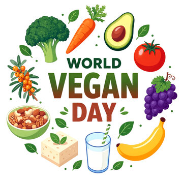 Colorful world vegan day celebration with fresh fruits vegetables and healthy food illustration