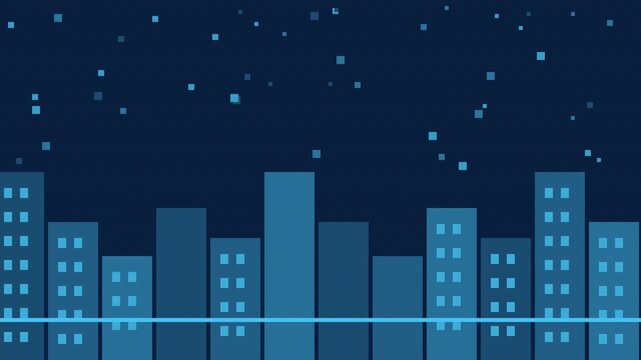 Seamless retro pixel city night parallax animation in blue for looping game background