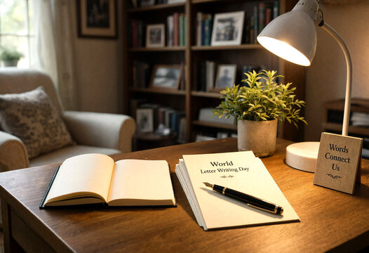 Cozy home office desk setup with notebook pen and world letter writing day theme under warm light