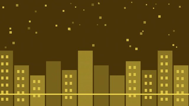 Seamless retro pixel city night parallax animation in yellow for looping game background