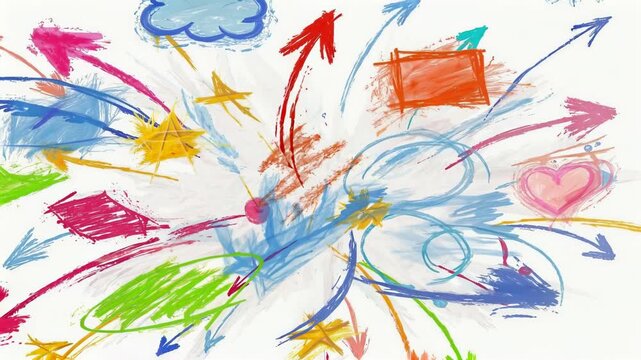 Colorful Abstract Doodles Explode Outward in Dynamic Motion Against Plain Background with Playful Shapes and Vibrant Crayon Textures