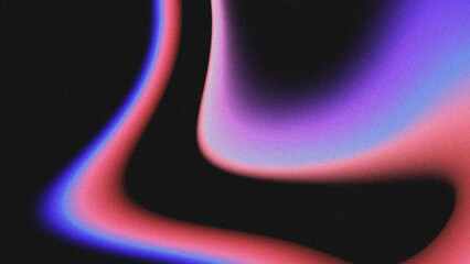 Fototapeta na wymiar Abstract grainy noise texture background featuring smooth, wavy fluid curves. Soft gradient blend of pink, purple, and bright blue neon glow against a deep black backdrop.