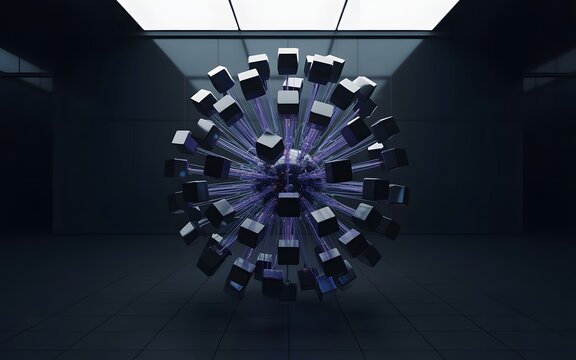 Sci-fi supercomputer grid database with glowing power sphere.