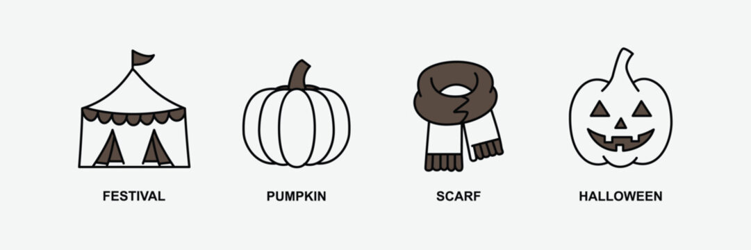 Autumn festival icon set featuring a circus tent, pumpkin, cozy scarf, and Halloween outlined
