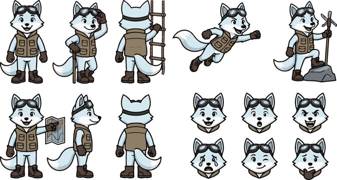 Explorer white fox character design set with diverse poses and expressions