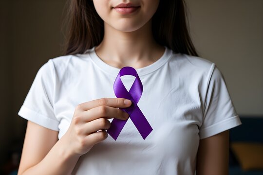 A young woman holds a purple ribbon for the International Day for the Elimination of Violence Against Women.