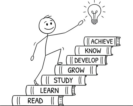 A cheerful stick figure climbs a staircase made of stacked books representing the progressive journey of personal development and intellectual growth