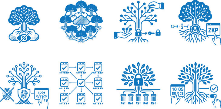 Zero-knowledge proof ZKP mathematical tree and cryptographic privacy blue sketch icon set