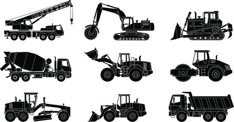  Heavy construction machinery silhouettes set featuring mobile crane trenching excavator bulldozer cement mixer grader and dump truck. © REKSENA