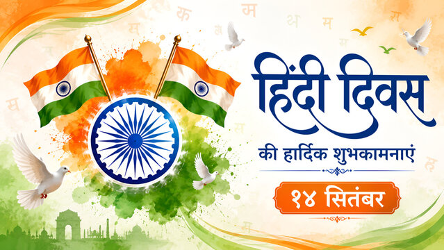 Hindi Diwas celebration banner with Indian flag Ashoka Chakra and tricolor watercolor background