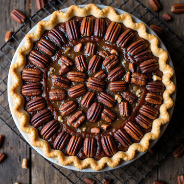 Top view of traditional homemade pecan pie with crimped crust served on wire cooling rack