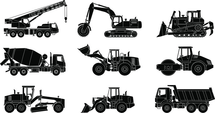  Heavy construction machinery silhouettes set featuring mobile crane trenching excavator bulldozer cement mixer grader and dump truck.