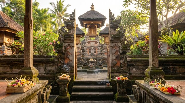 Traditional Balinese Hindu Temple Entrance with Ornate Stone Gates and Sacred Offerings in a Lush Tropical Garden Setting at Sunset in Bali, Indonesia