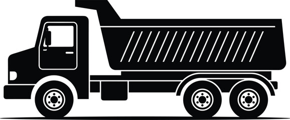 Industrial commercial dump truck with striped cargo bed side view black silhouette vector illustration icon graphic © REKSENA