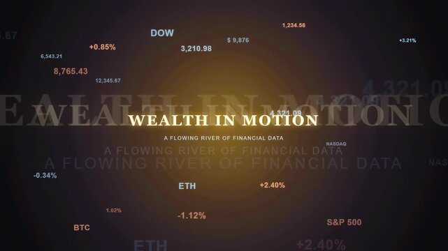 Abstract digital financial data visualization with stock market indices and cryptocurrency price fluctuations