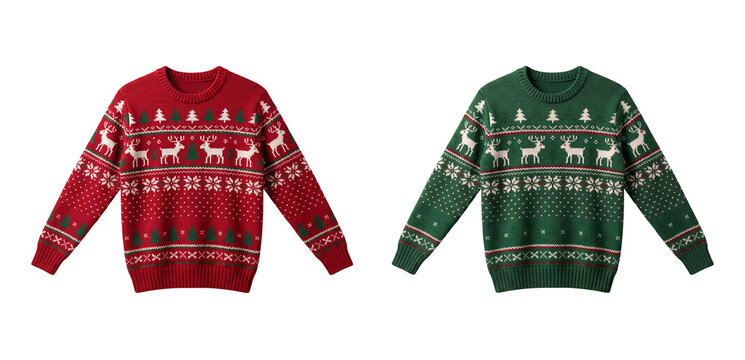 collection Red and Green Christmas Sweaters with Fair Isle Pattern Isolated on White Background