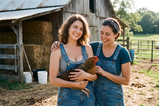 Two young women holding chicken on farm with barn