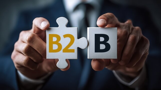 Businessman connects two jigsaw puzzle pieces labeled 'B2' and 'B' symbolizing business-to-business partnership.