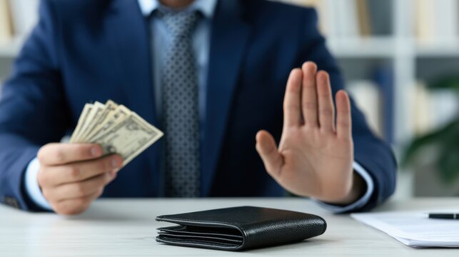 Businessman in a suit refusing a bribe by making a gesture with his hand. Concept for business ethics, anti-corruption, and corporate integrity.