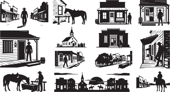 Collection of black silhouette featuring wild west town buildings, cowboys, horses, stagecoaches, and frontier settlement scenes