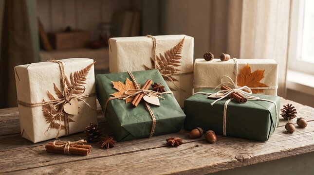 Autumn harvest gifts beautifully wrapped with natural elements like dried ferns, maple leaves, cinnamon sticks, and acorns on rustic wooden table.
