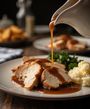 Pouring rich savory gravy sauce over sliced roasted turkey breast served with mashed potatoes for Thanksgiving dinner concept