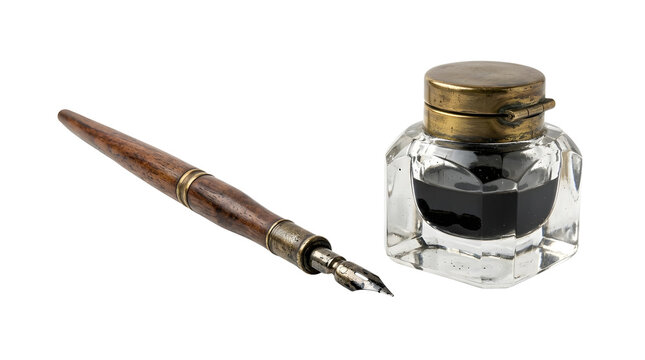 Antique dip pen and glass inkwell with black ink isolated on transparent background