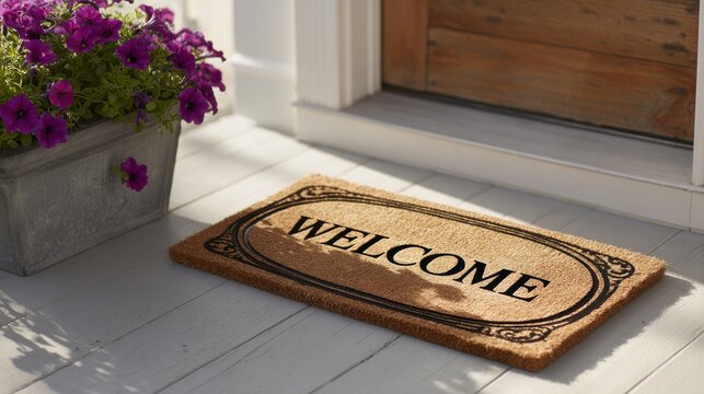 A welcome doormat rests on a wooden porch next to vibrant purple flowers. Perfect for real estate marketing and home hospitality concepts.
