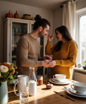 Happy young romantic couple holding hands and celebrating together in cozy kitchen during autumn morning breakfast
