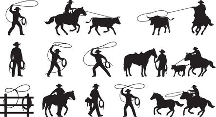 Fototapeta premium Collection of cowboy and rodeo silhouette featuring men riding horses, roping cattle, and western ranch life activities on white background