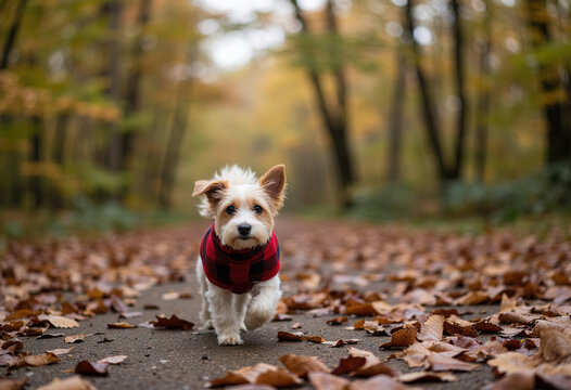 Cute small terrier dog wearing red plaid sweater walking on autumn leaf path in woods with blurred forest background