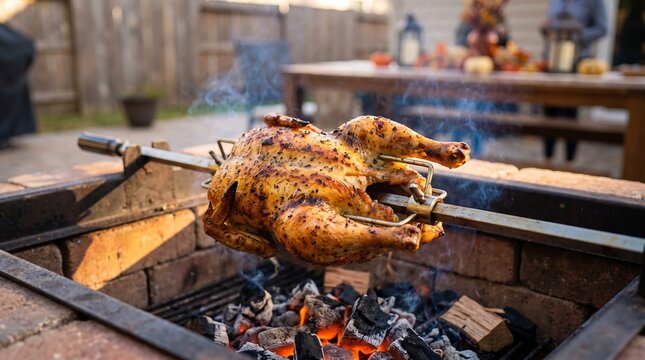 Whole roasted chicken on spit rotisserie over hot charcoal fire pit in backyard setting with smoke and flames during outdoor family barbecue dinner event on sunny day.