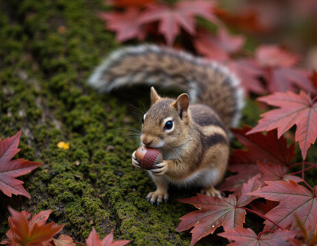 Cute chipmunk squirrel holding acorn sitting among red fall maple leaves on mossy tree bark in forest