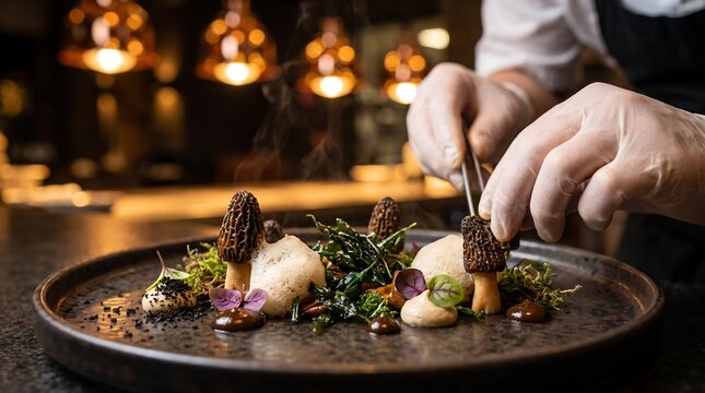 Chef carefully plating an exquisite gourmet dish with mushrooms and greens in a fine dining kitchen