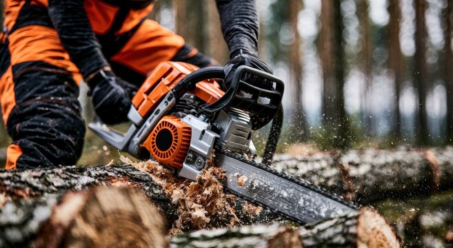 A professional lumberjack uses a chainsaw to cut a log in the forest. This industrial action is perfect for forestry and woodworking industry concepts.