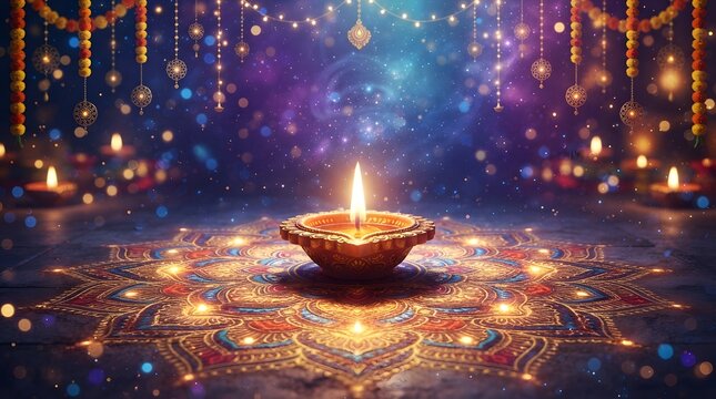 Glowing diya lamp on intricate colorful rangoli pattern with festive bokeh lights background for diwali