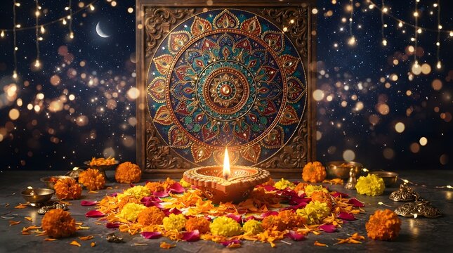 Diwali festival celebration with a glowing clay diya lamp, colorful marigold flowers, and a traditional mandala art piece under a starry night sky