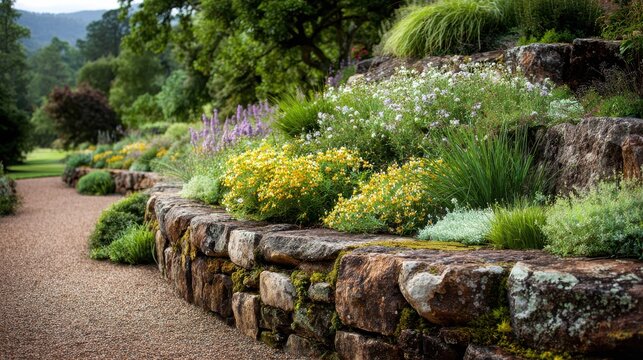 A beautiful stone retaining wall supports a lush blooming garden in a tranquil park. Ideal for landscaping, architecture, and gardening design inspiration.