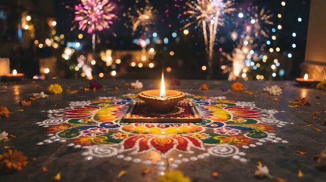 Diwali celebration with a lit diya lamp placed on a vibrant rangoli pattern, set against a backdrop of festive fireworks in the night sky
