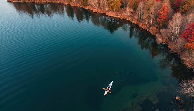 Aerial view of person kayaking on calm turquoise lake surrounded by colorful autumn forest foliage near shoreline