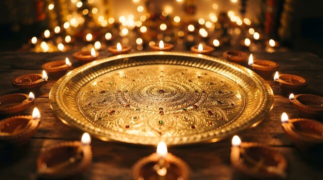 A golden decorative plate surrounded by many small lit clay diya lamps on a wooden surface, creating a warm and festive diwali celebration scene