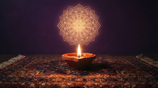 A glowing diya lamp placed on a traditional patterned rug with a luminous mandala design floating above in a dark, festive atmosphere