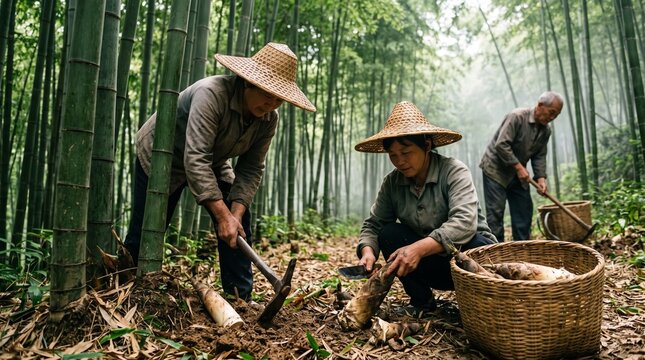 Farmers harvesting fresh bamboo shoots in a dense green bamboo forest using traditional hoes and placing them in woven baskets