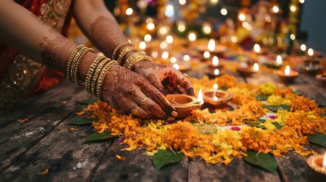 Hands adorned with intricate henna patterns holding a lit diya lamp over a bed of marigold flowers for a traditional diwali celebration
