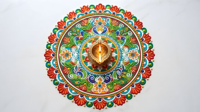 Colorful traditional indian rangoli pattern with a lit diya lamp in the center, isolated on white background