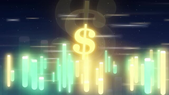 Abstract digital financial data visualization with glowing dollar sign and animated trading candlesticks